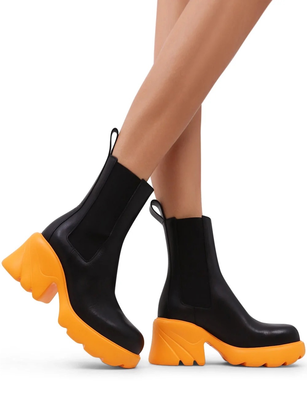 Bottega Veneta Black Leather Chelsea Boots with Orange Chunky Lug Sole